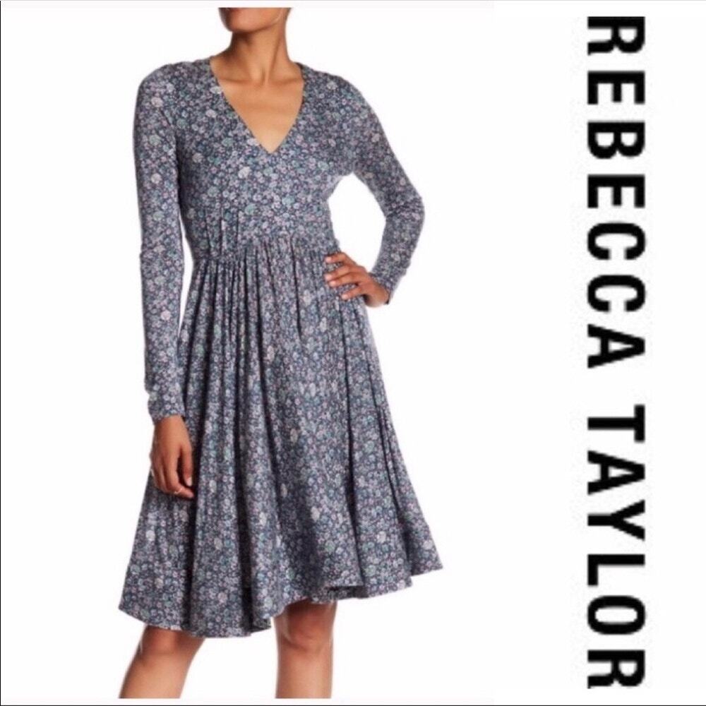 Rebecca Taylor Blue Ditsy Floral V-Neck Fit & Flare Long Sleeve Dress Women's 12
